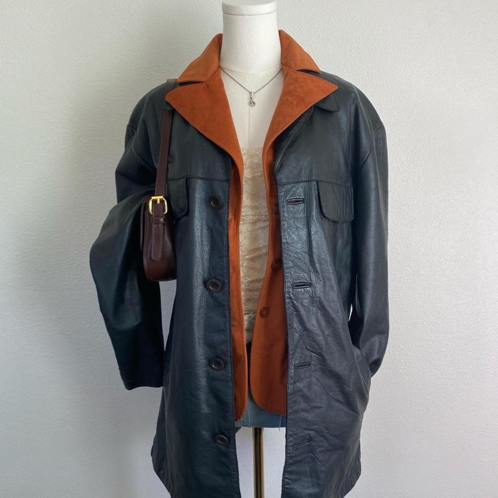 Vintage Kenneth Cole New York Black Genuine Leather Trench Coat Jacket
